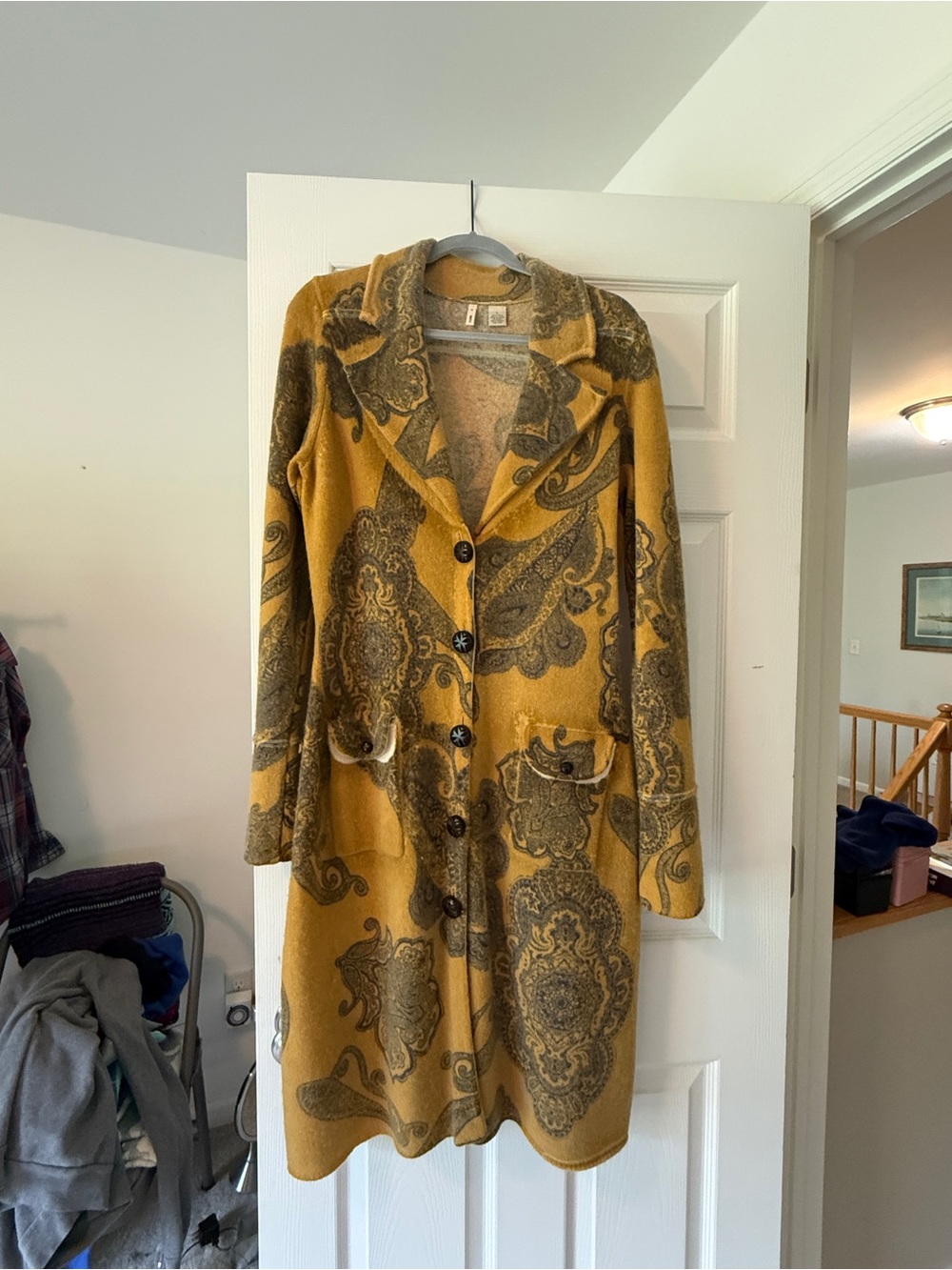 Womens Mustard Paisley Wool-Blend Long Coat